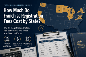 Map of the United States highlighting the 14 franchise registration states with a breakdown of franchise registration fees and compliance requirements.